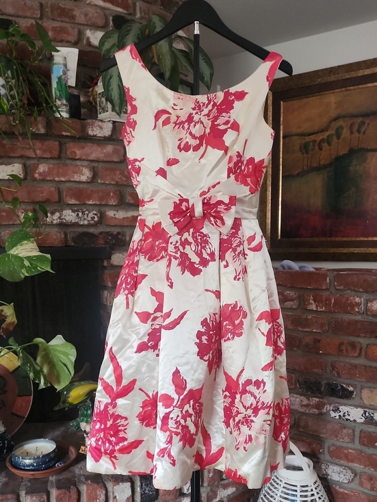 None Dresses & Skirts - Vintage Pink Floral Fit & Flare Party Dress Bow Waist Sleeveless Pinup